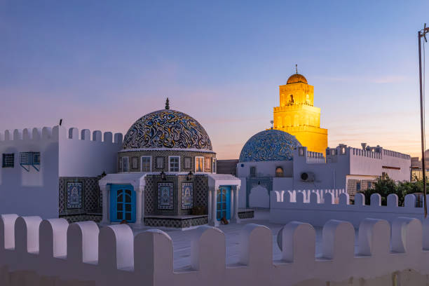 Kairouan, Tunisia. March 13, 2023. Evening view of the minaret of the Great Mosque of Kairouan.